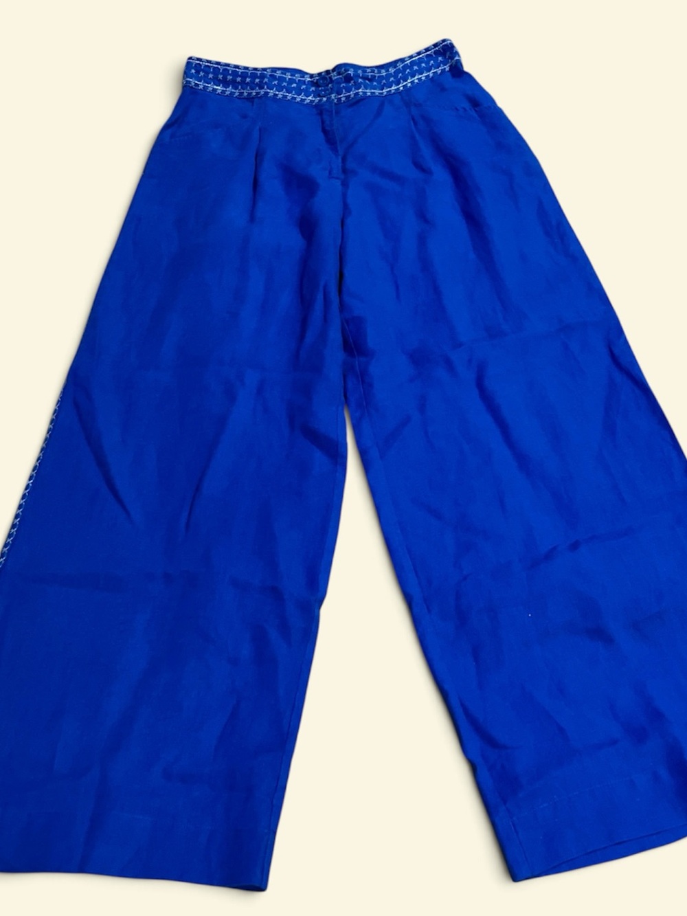 JW Johnny Was Los Angeles Blue Wide-Leg Linen Pants Embroidered size S